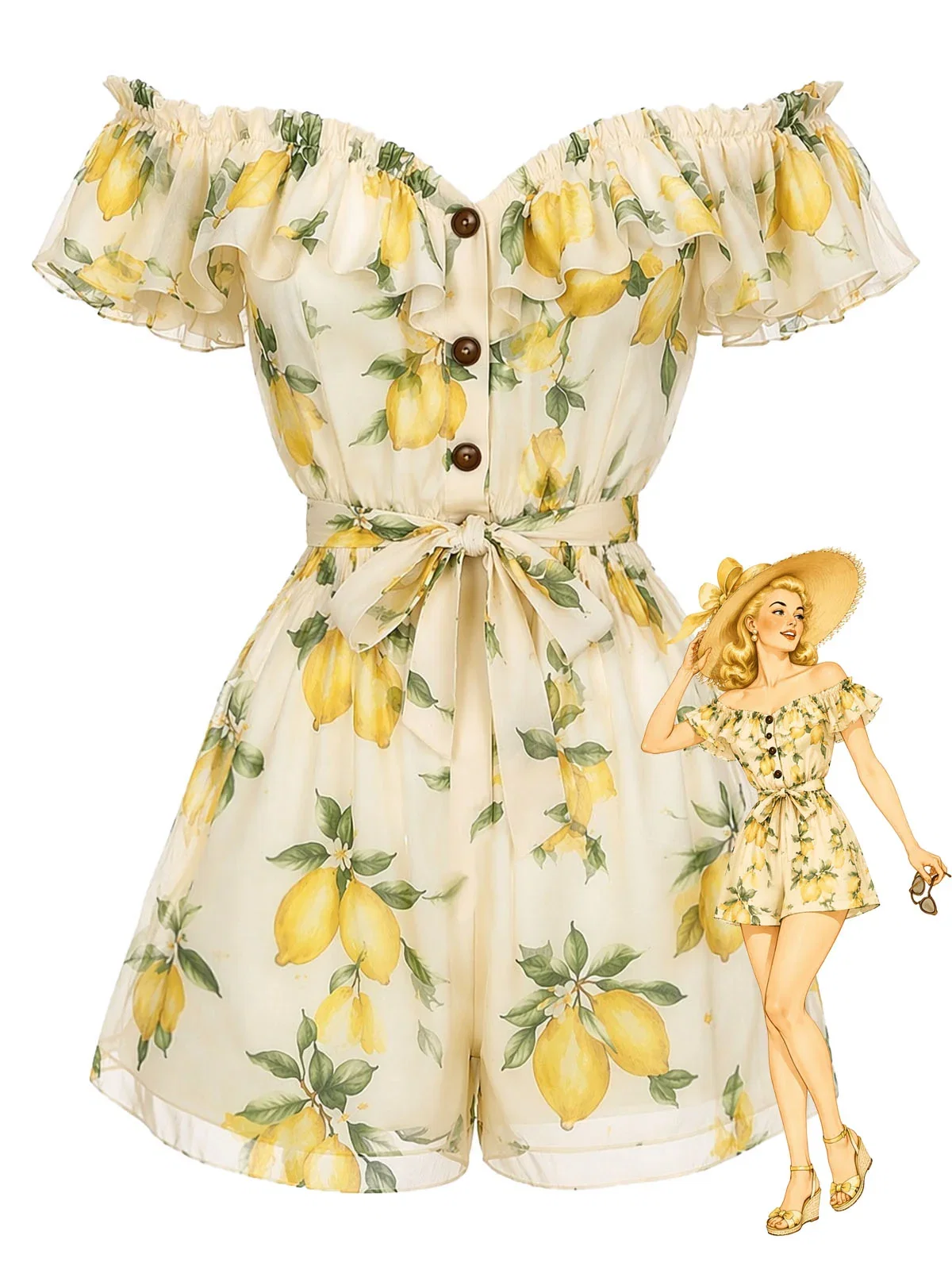 [Pre-Sale] Yellow 1980s Off-Shoulder Ruffle Lemon Romper