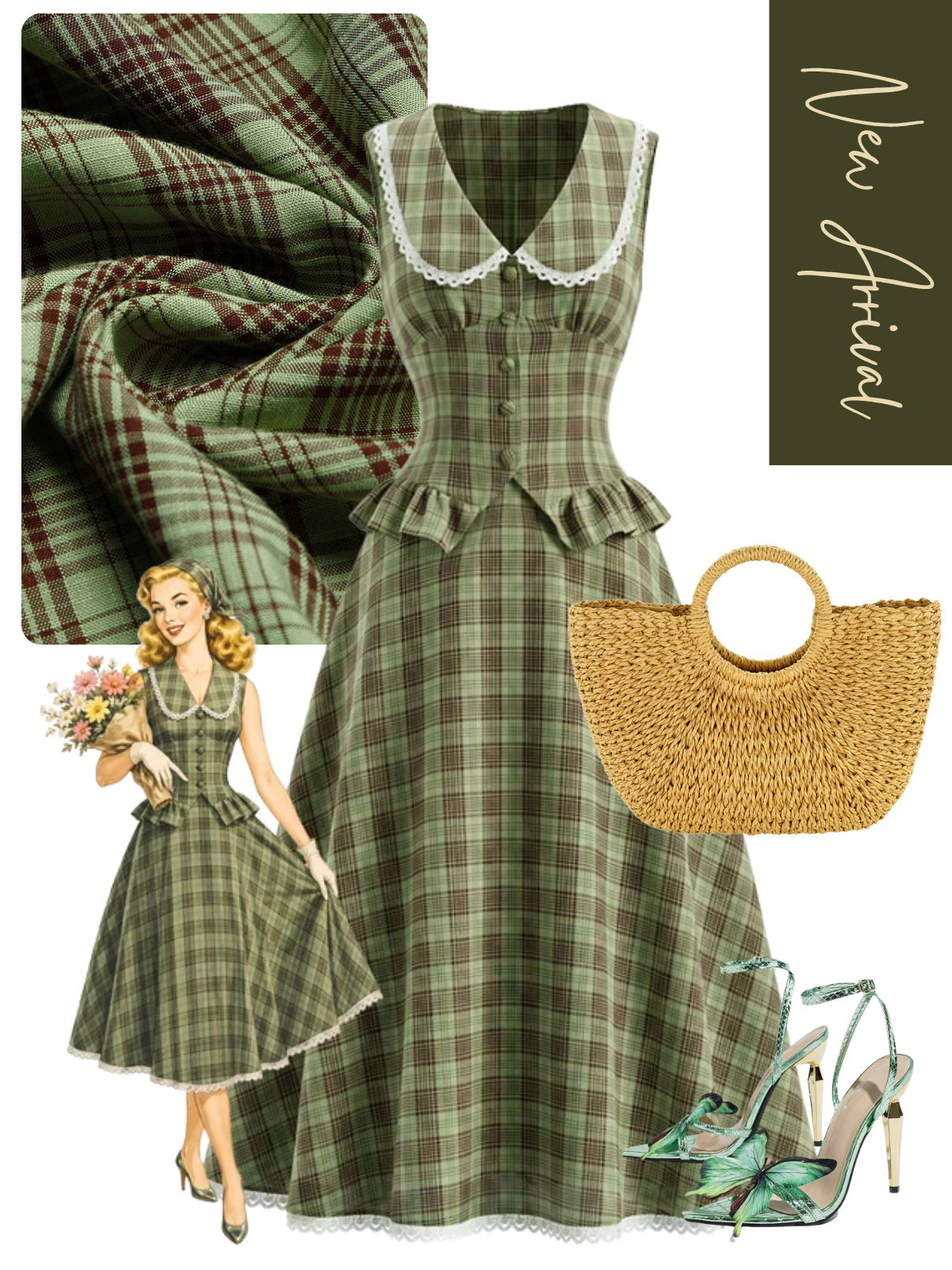 [Pre-Sale] 2PCS Lake Green 1940s Plaid Peter Pan Collar Ruffled Skirt Set