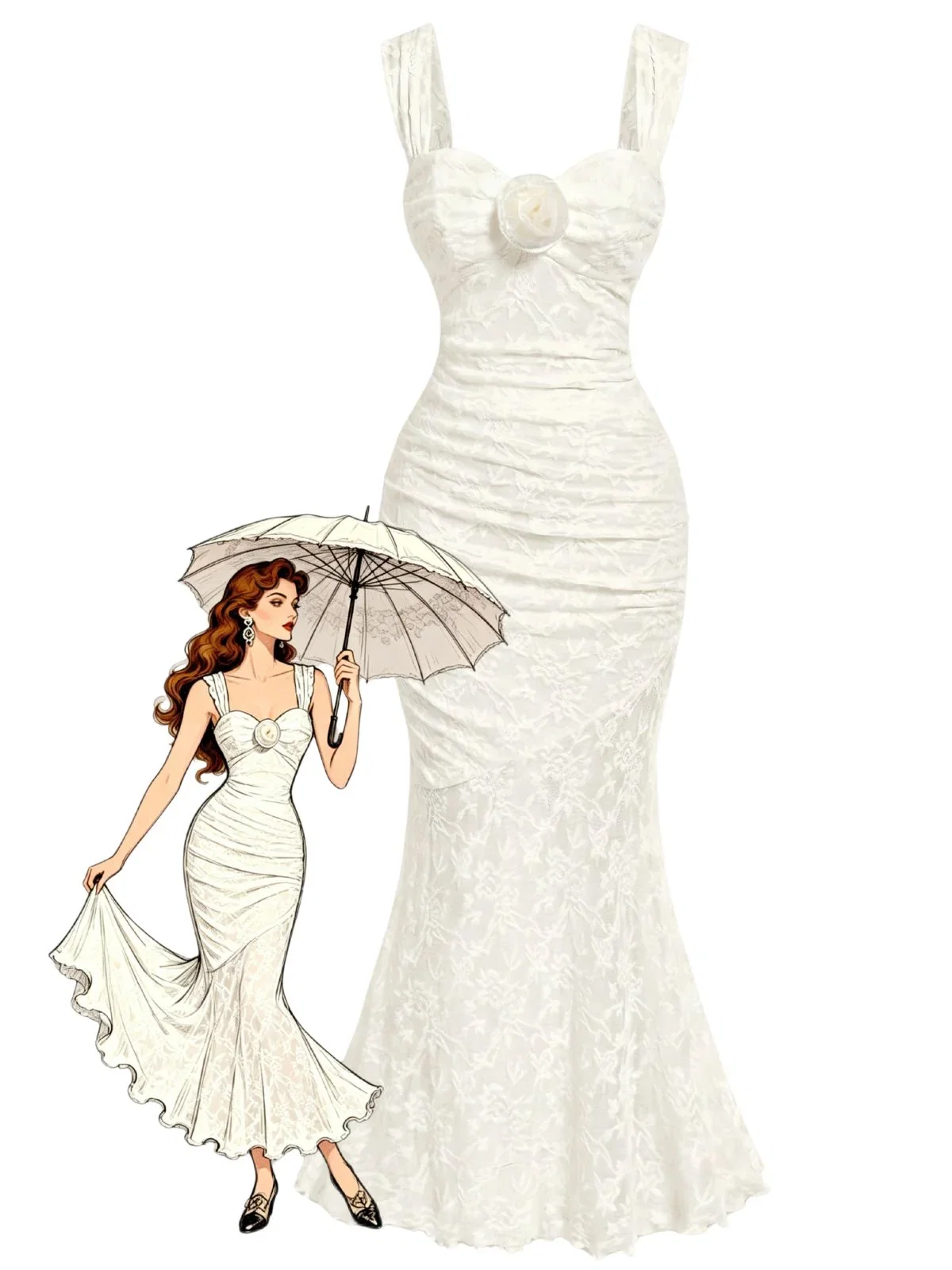 Ivory 1930s Floral Lace Mermaid Flower Applique Dress