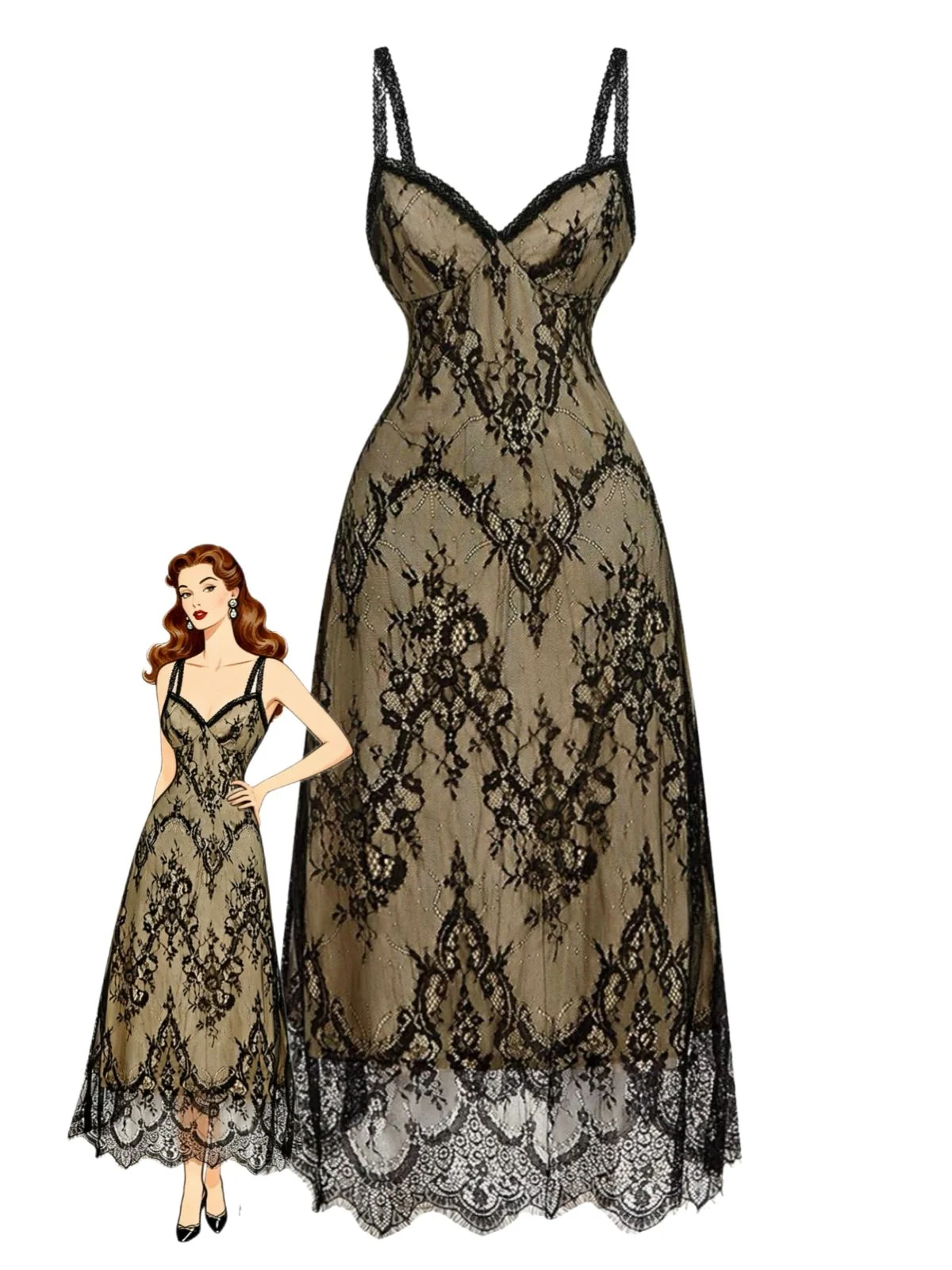 1970s Spaghetti Strap Floral Lace Dress