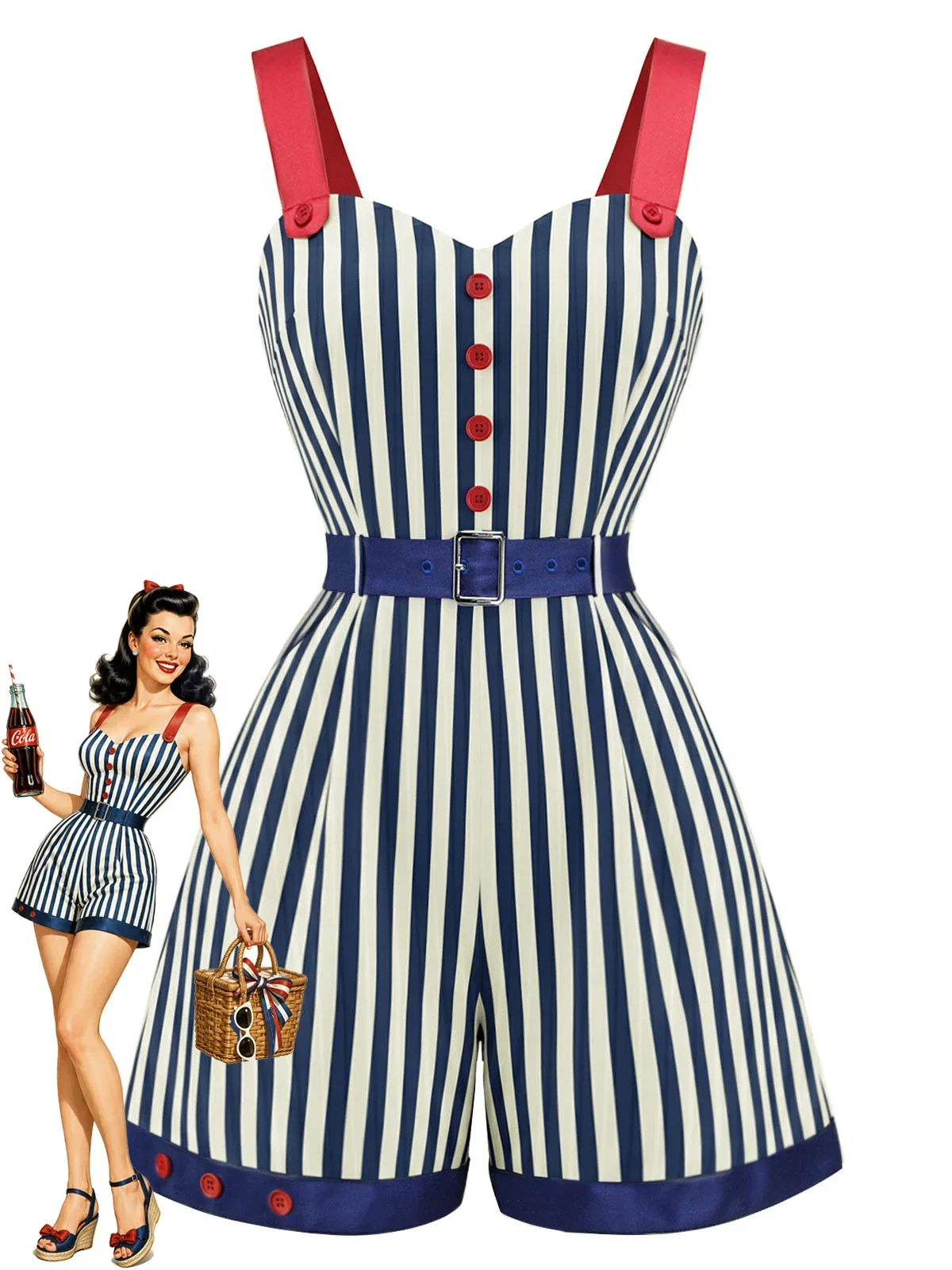 [Pre-Sale] Blue & Red 1950s Striped Colorblock Romper
