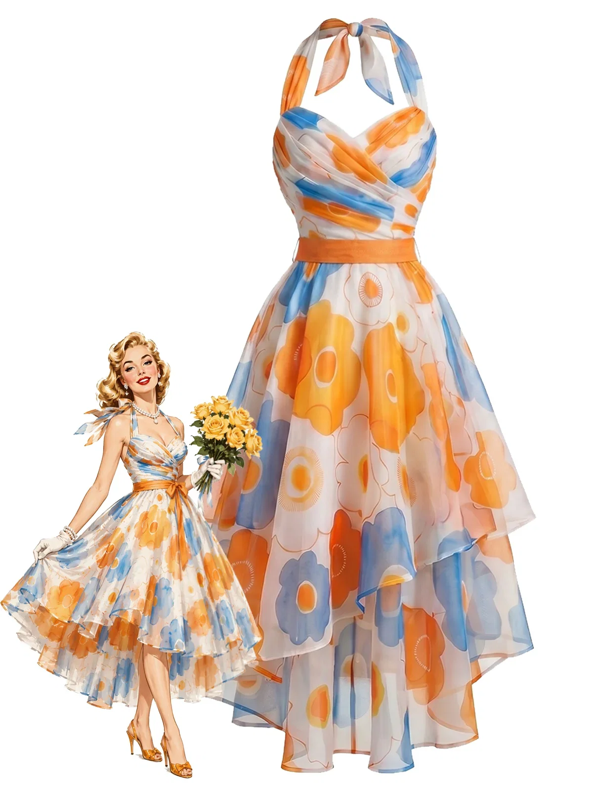 [Pre-Sale] Orange 1950s Floral Halter High Low Asymmetrical Hem Dress