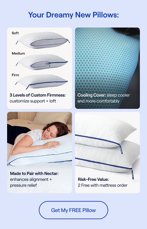 3 Levels of Custom Firmness – customize support + loft | Cooling Cover – sleep cooler and more comfortably | Made to Pair with Nectar – enhances alignment + pressure relief | Risk-Free Value – 2 free with mattress purchase