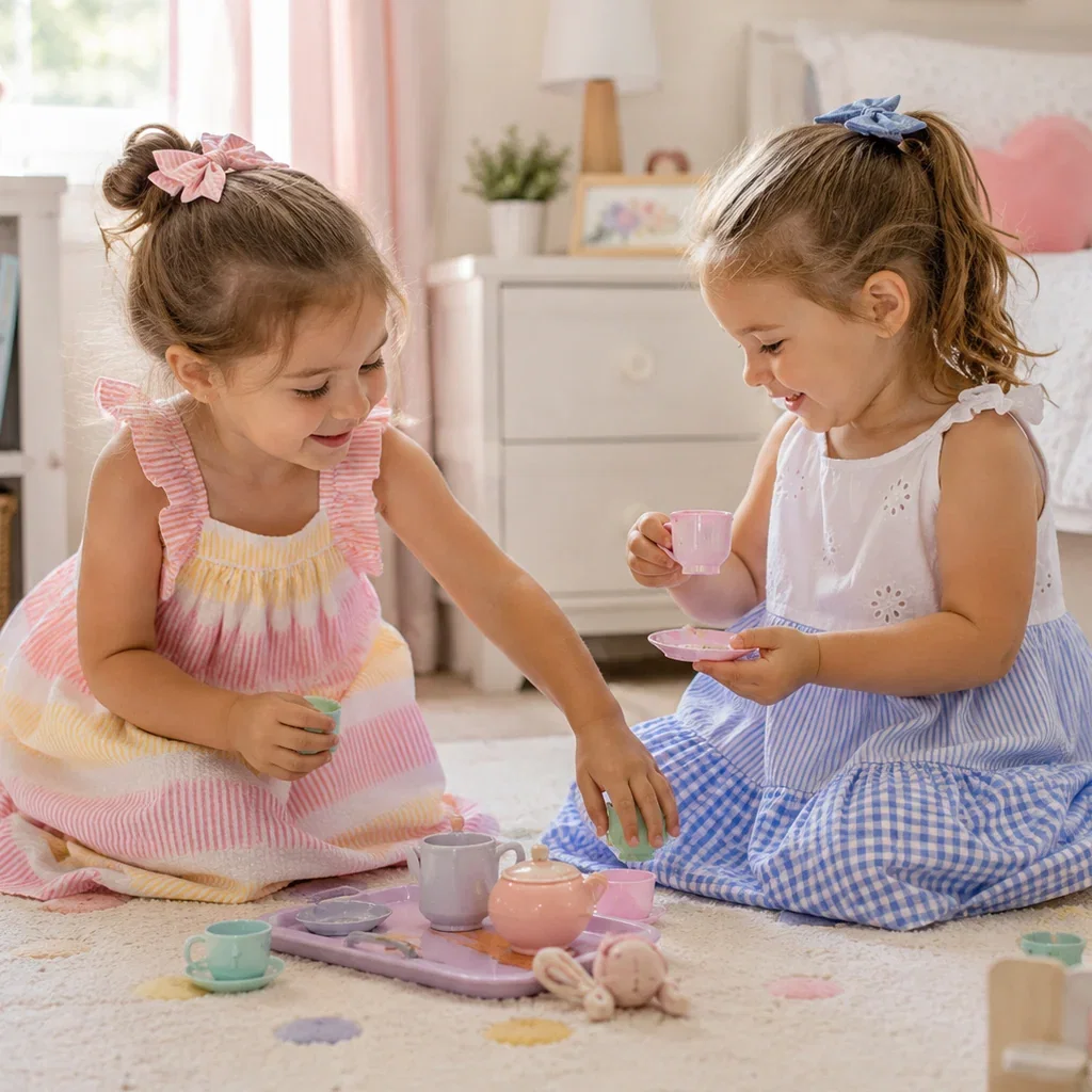 Two young girls playing tea party in a bright bedroom, wearing colorful striped dresses with hair accessories.