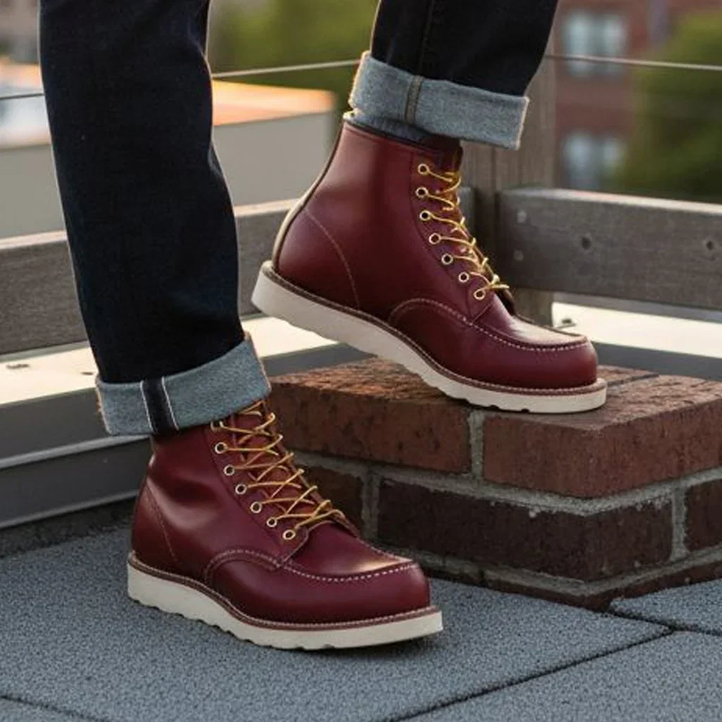 Person wearing burgundy leather lace-up boots with white soles and rolled dark jeans on brick steps.