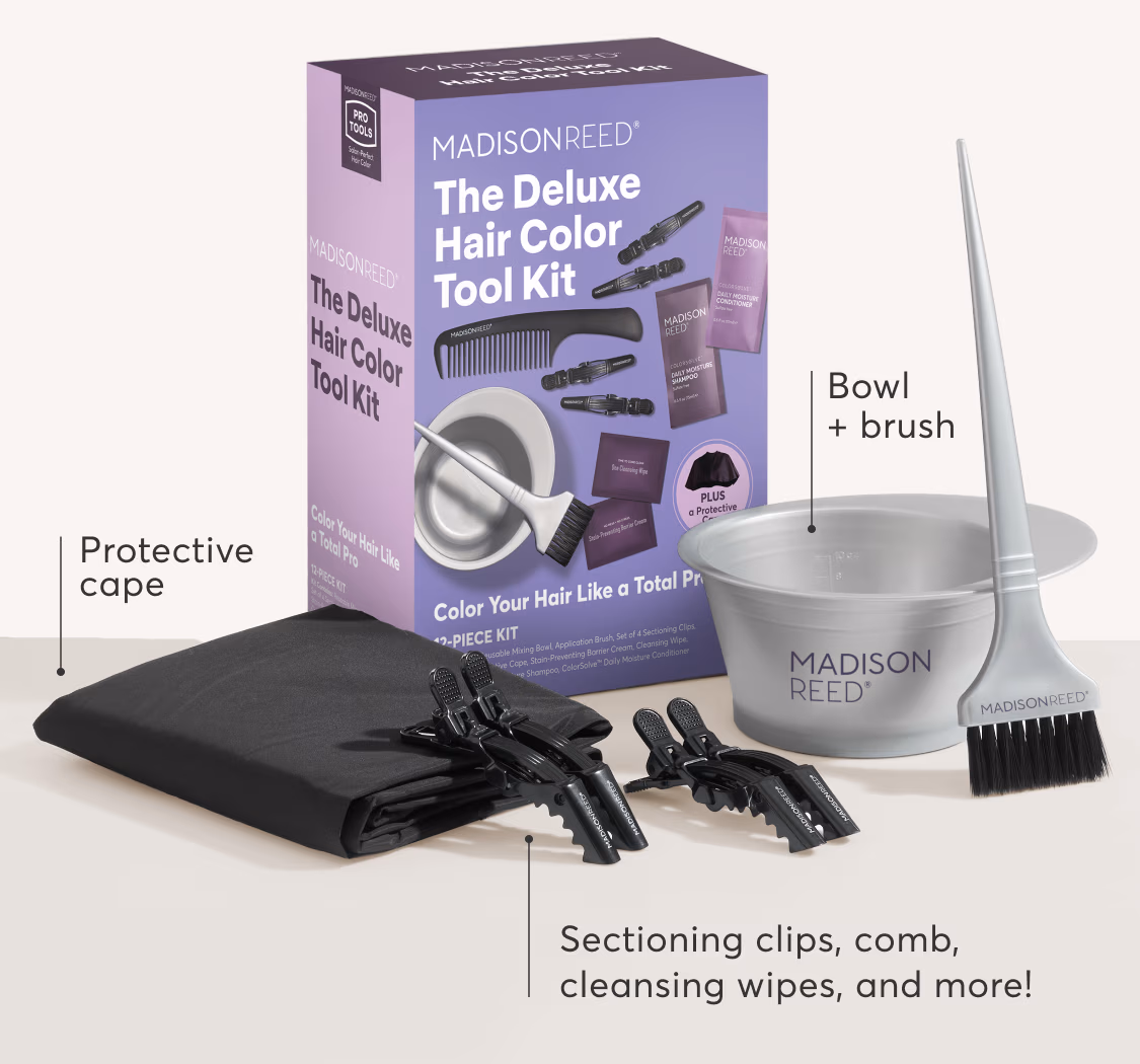 Protective cape | Bowl + brush | Sectioning clips, comb, cleansing wipes, and more!