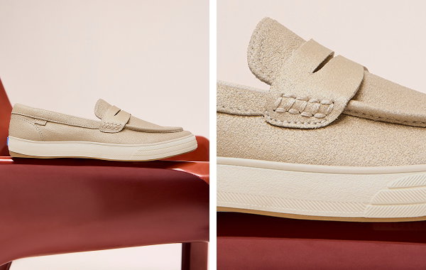A side view of the Center III Metallic Suede Loafer in Champagne set on a brown chair on the left with a close-up view on the right. 