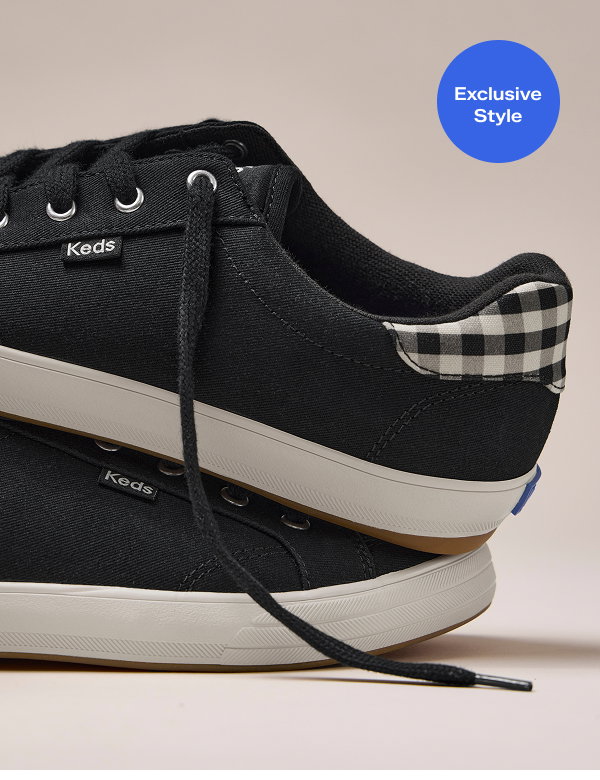 A close-up of the Center III Twill Ombre Plaid Collar Slip-Ons in black/parchment stacked in different directions, a back view highlighting the plaid detail, and an angled view showing the untied black laces. A blue circle says Exclusive Style. 