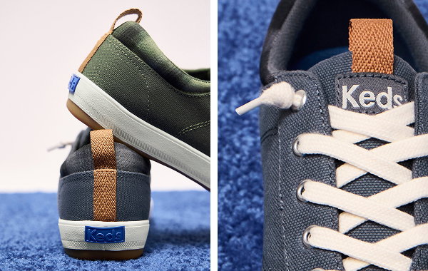 The back of the Center III Twill Ombre Plaid Collar Slip-On in dark grey with the style in olive stacked on top, and a close-up of the style in dark grey highlighting the for-show white laces.