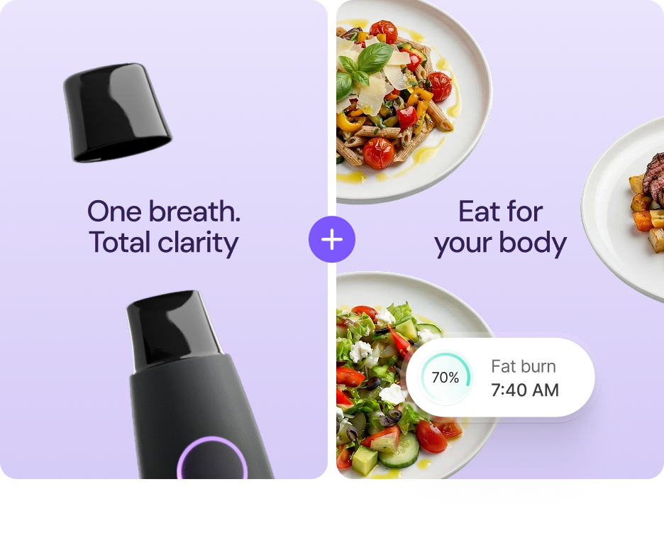 Left: the Lumen breath sensor device labeled 'One breath. Total clarity.' Right: plated meals labeled 'Eat for your body' with a 70% fat burn reading at 7:40 AM