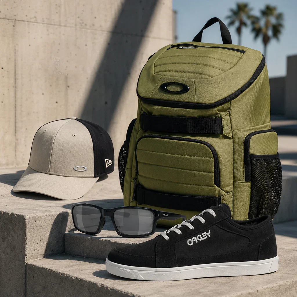 Oakley adventure gear collection featuring olive backpack, black sneakers, sunglasses, and baseball cap on concrete steps.