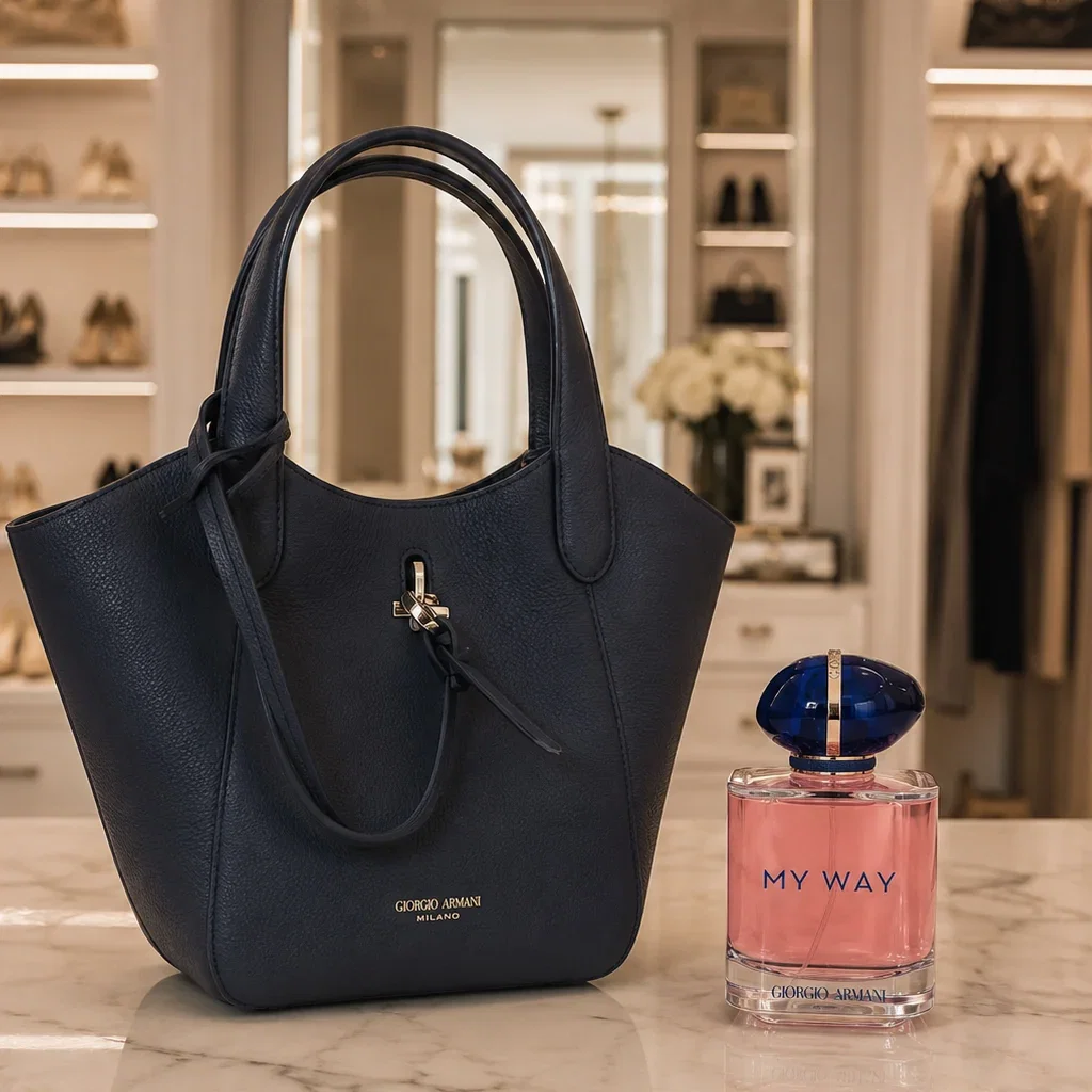 Giorgio Armani black leather tote bag and My Way perfume displayed in luxury boutique setting