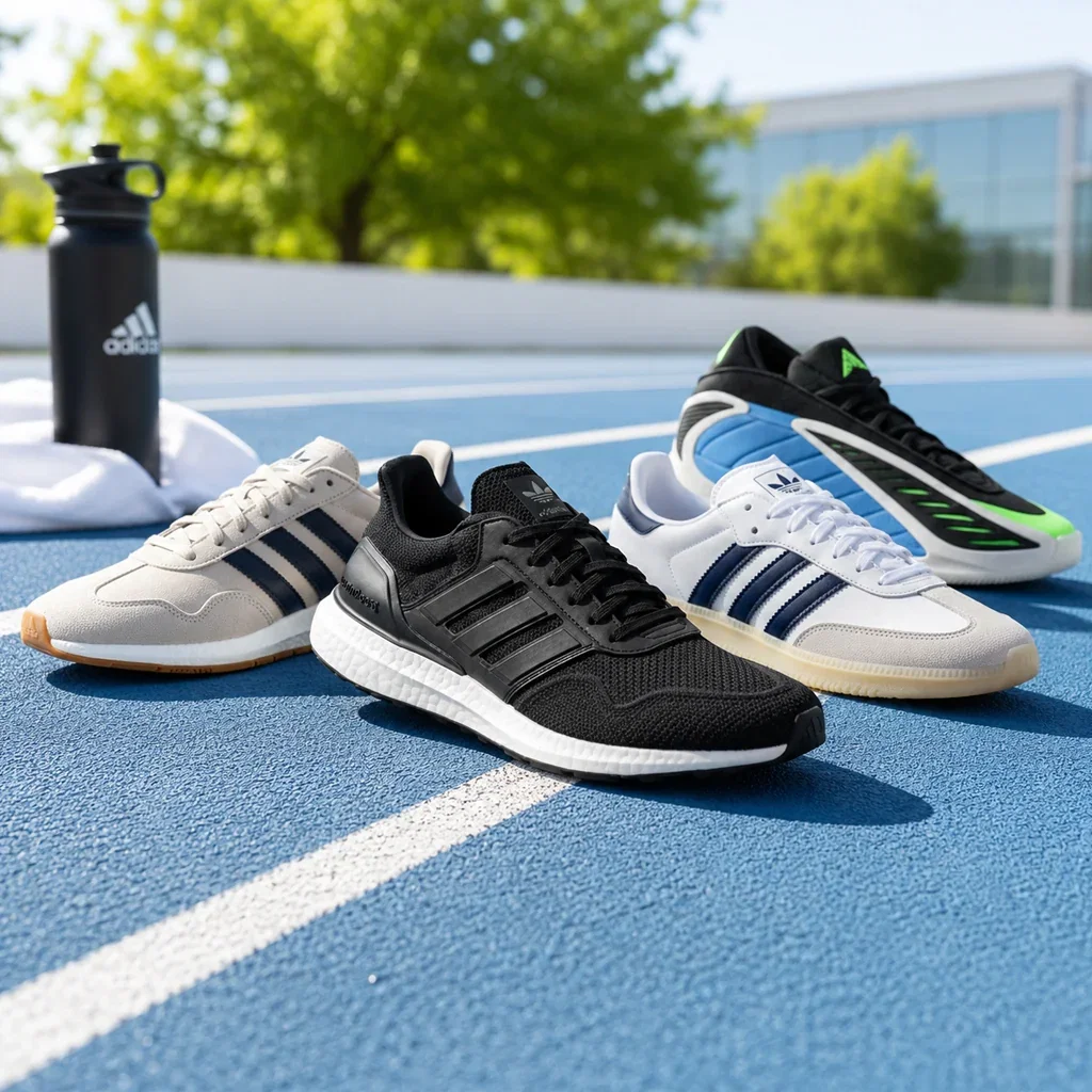 Four Adidas sneakers displayed on a blue tennis court with white lines, trees and building in background.