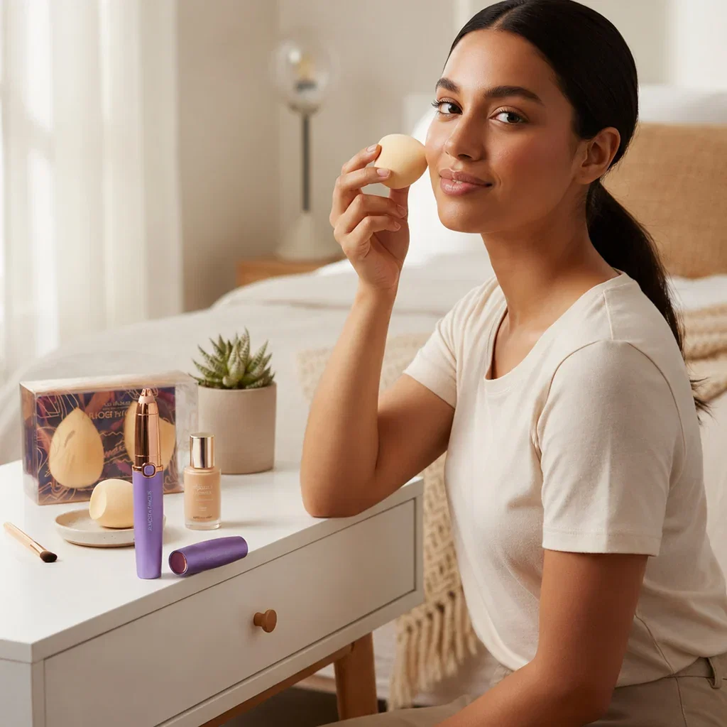 Woman applying foundation with beauty sponge at vanity with purple makeup tools and skincare products displayed.