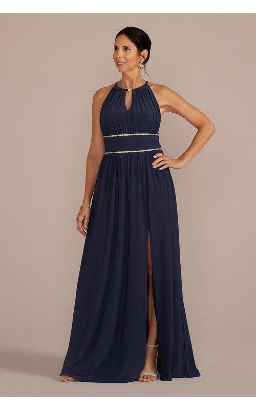 Halter Jersey Knit Gown with Rhinestone Waist