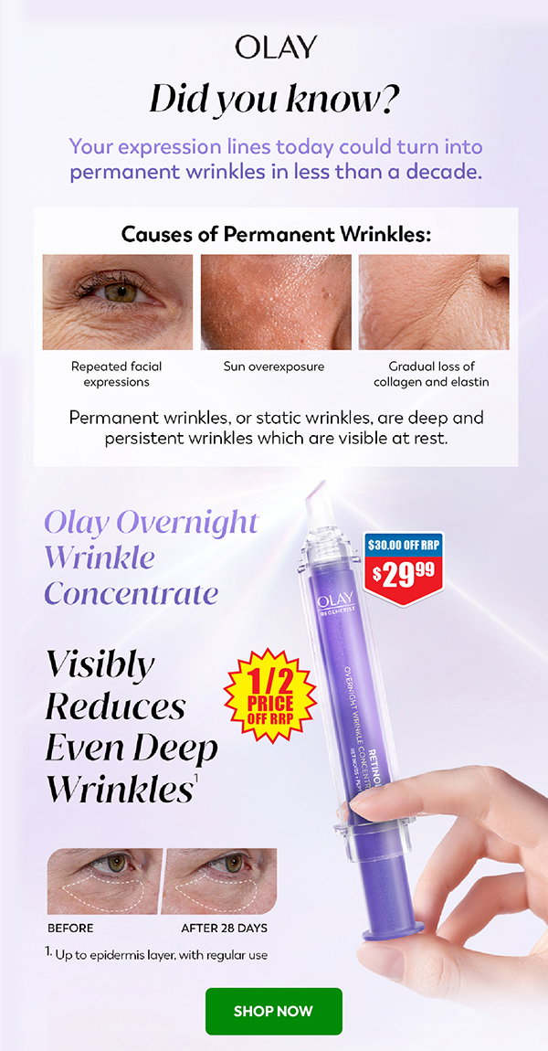 Olay Regenerist Retinol24 Wrinkle Concentrate 10ml 1/2 price off RRP at Chemist Warehouse sale ends 5 August 2026
