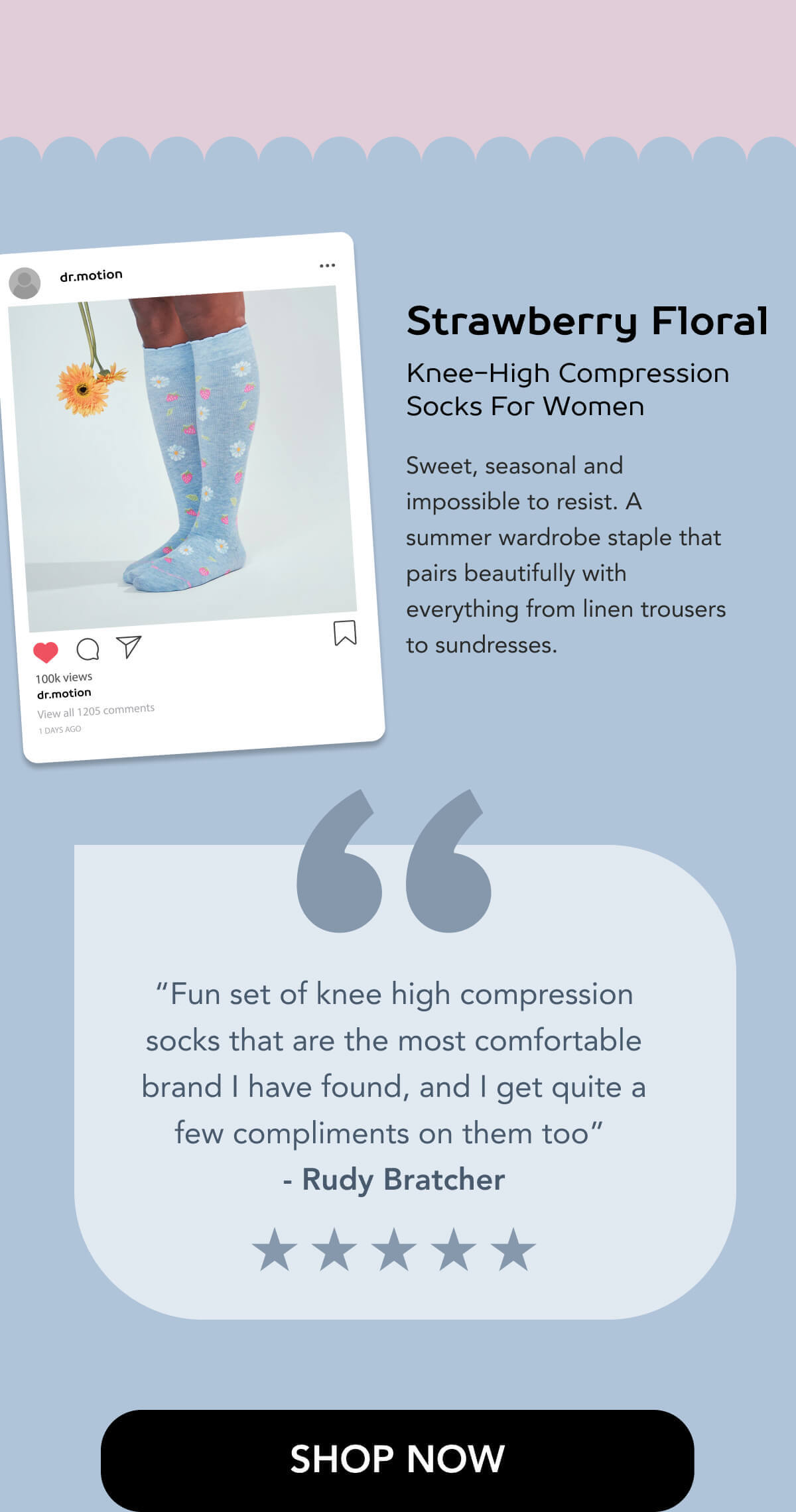 Strawberry Floral | Knee-High Compression Socks For Women Sweet, seasonal and impossible to resist. A summer wardrobe staple that pairs beautifully with everything from linen trousers to sundresses.   “Fun set of knee high compression socks that are the most comfortable brand I have found, and I get quite a few compliments on them too” - Rudy Bratcher 