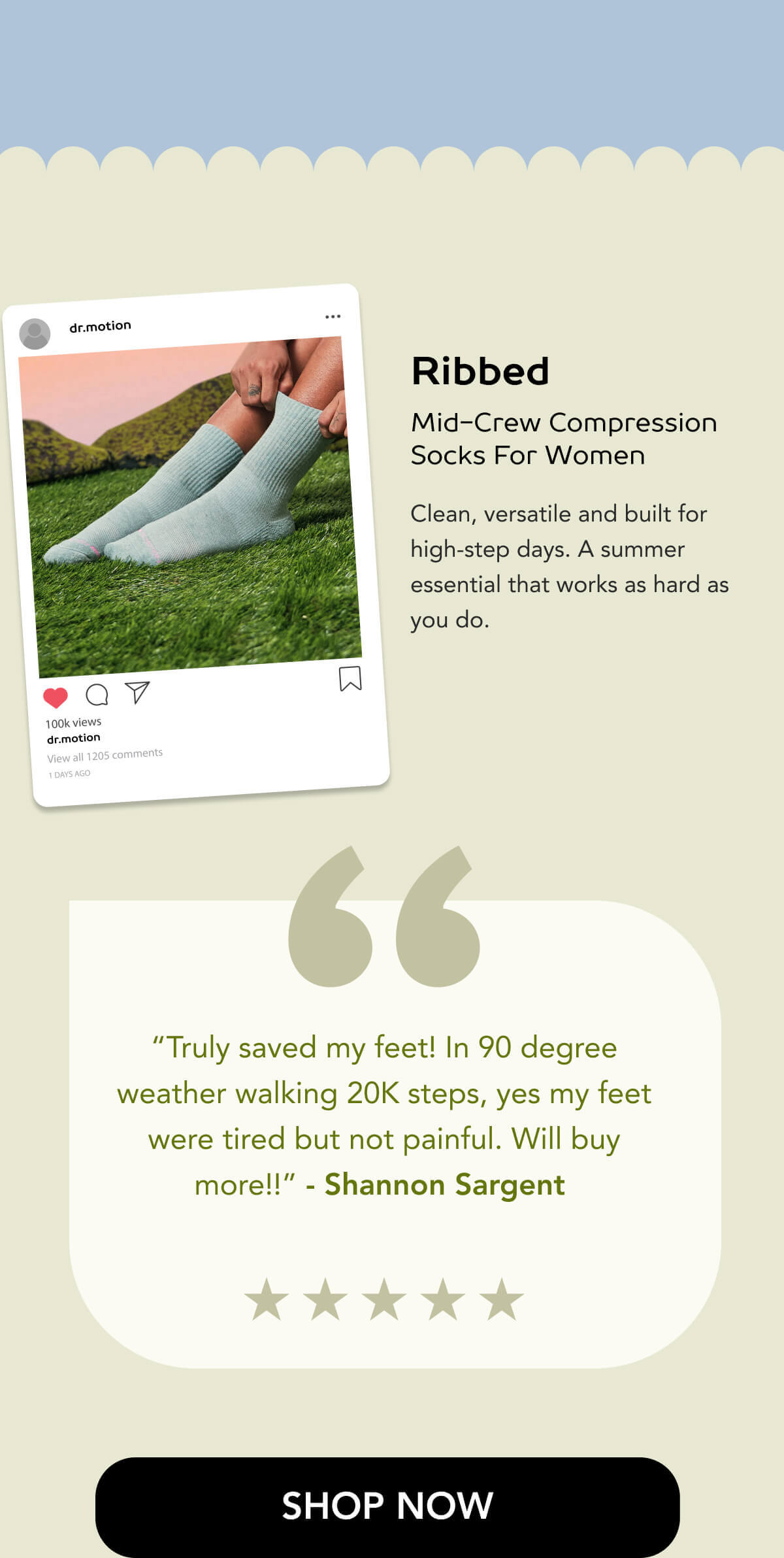 Ribbed | Mid-Crew Compression Socks For Women Clean, versatile and built for high-step days. A summer essential that works as hard as you do.   “Truly saved my feet! In 90 degree weather walking 20K steps, yes my feet were tired but not painful. Will buy more!!” - Shannon Sargent 