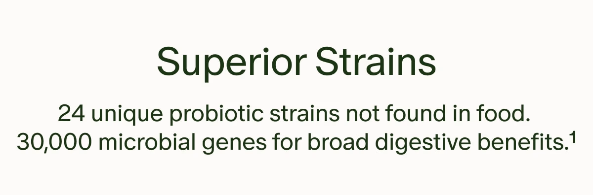 Superior Strains | 24 unique probiotic strains not found in food. 30,000 microbial genes for broad digestive benefits.¹