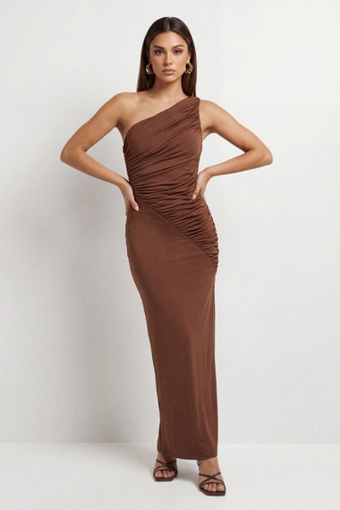 Ruched Slinky One Shoulder Maxi Dress