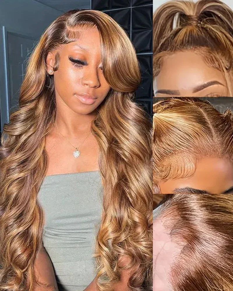 $200-$100 | Arabella 13x4 Frontal Lace Honey Blonde Highlights On Brown Wig Body Wave Wig Invisible Knots Realistic Hairline