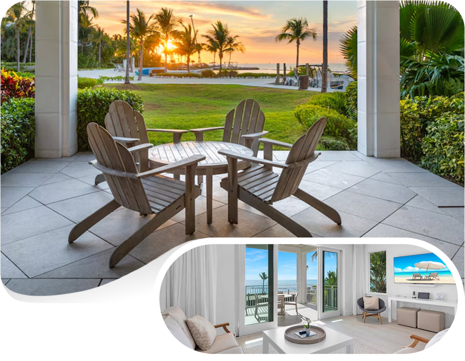 Covered patio with chairs facing a tropical lawn and ocean at sunset; inset shows bright living room.