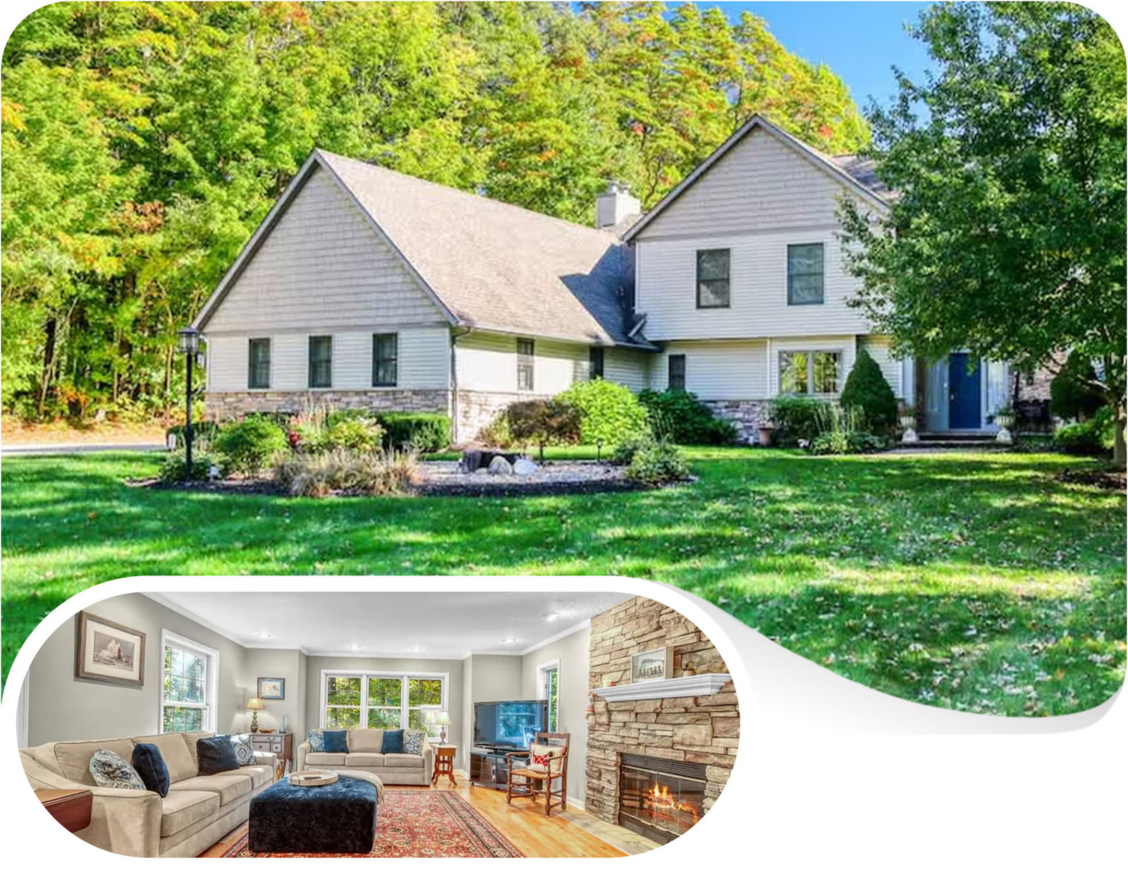 Two-story home surrounded by a meadow; inset shows living room with stone fireplace.