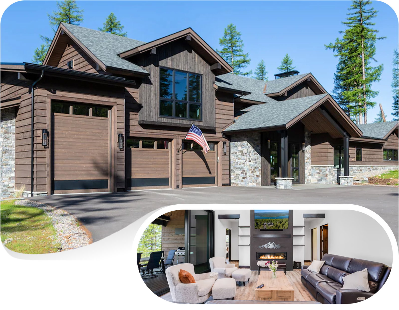 Mountain home with multiple garages; inset shows living room with fireplace and seating.