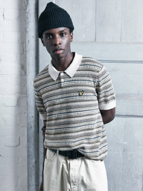 Model wearing Fair Isle Knitted Polo Shirt in Cove