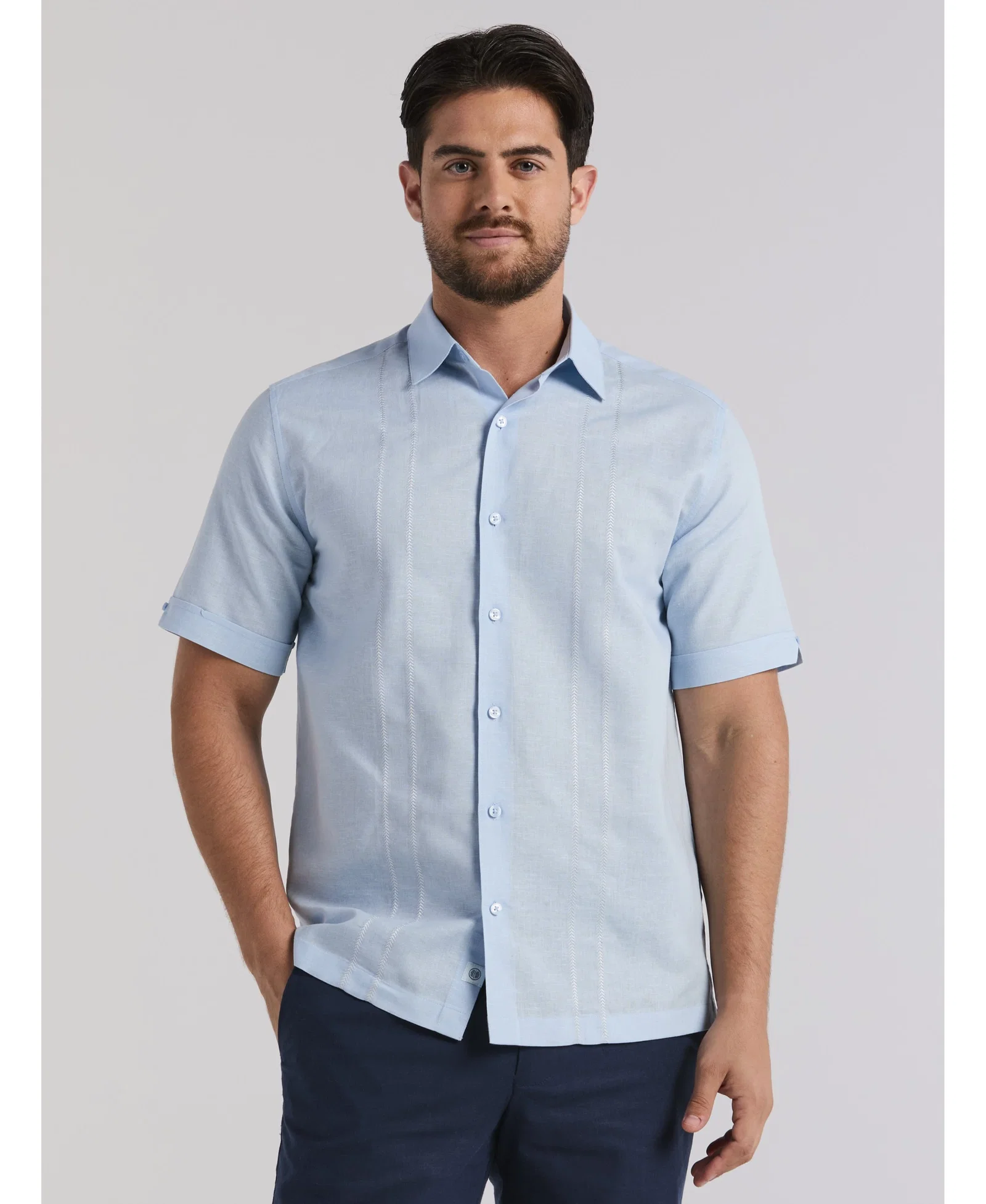Image of Linen Blend Embroidered Panel Shirt