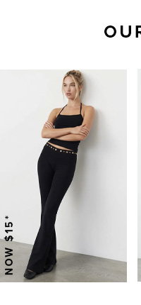 Black Flare Leg Pants Stud Waist