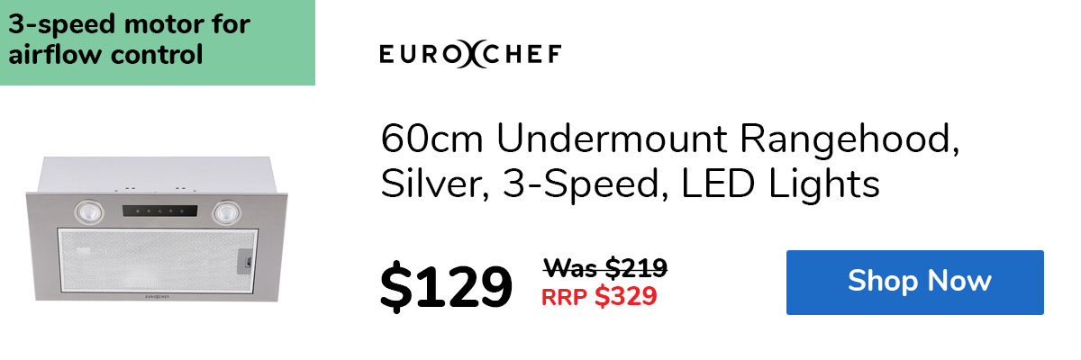 60cm Undermount Rangehood, Silver, 3-Speed, LED Lights