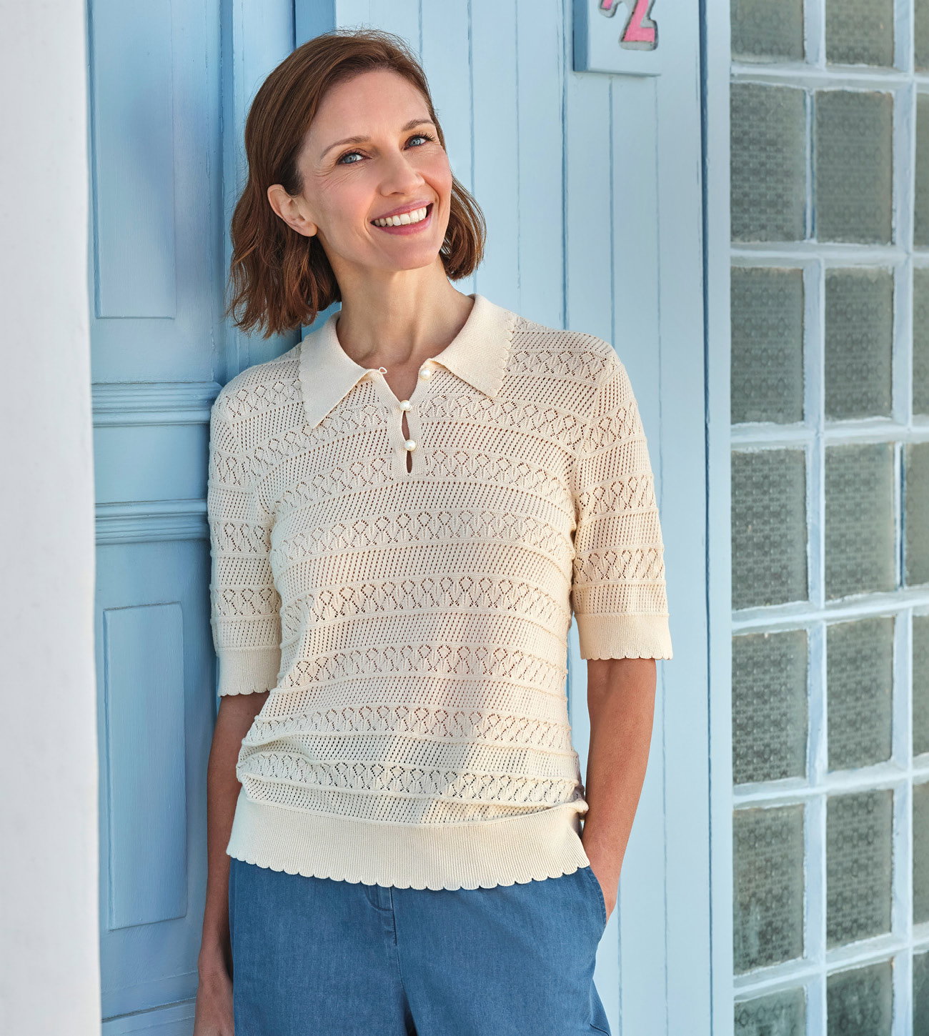 Haut en pointelle à boutons nacrés - Femmes - 60 % coton, 40 % viscose
