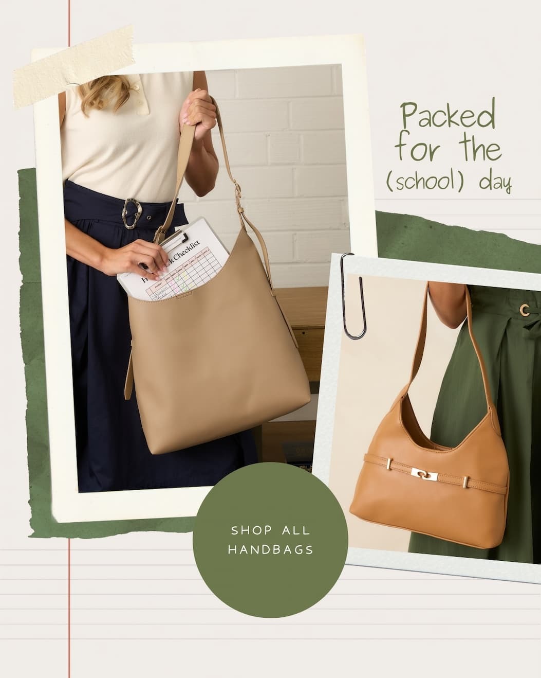"Packed for the (school) day. Shop All Handbags." 