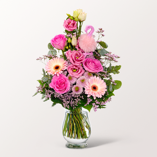 Etwas Besonderes: Strauß Rosa Himmel mit Flamingo-Stecker und 2 Gratis-Geschenken für 32,99 €