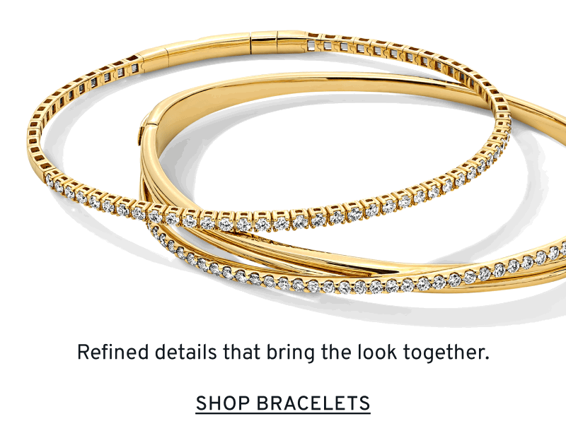 Gold bangle bracelets with diamonds. Refined details that bring the look together. Click to Shop Bracelets