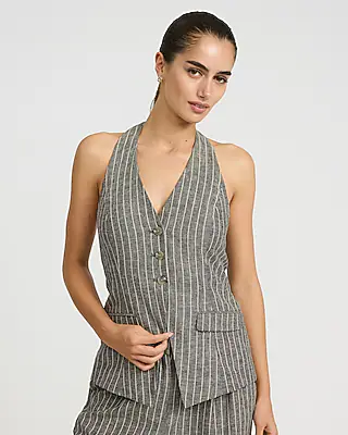 Cotton-Linen Striped Halter Cutaway Tailored Vest