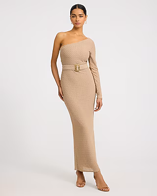 Textured One Shoulder Long Sleeve Belted Maxi Sweater Dress