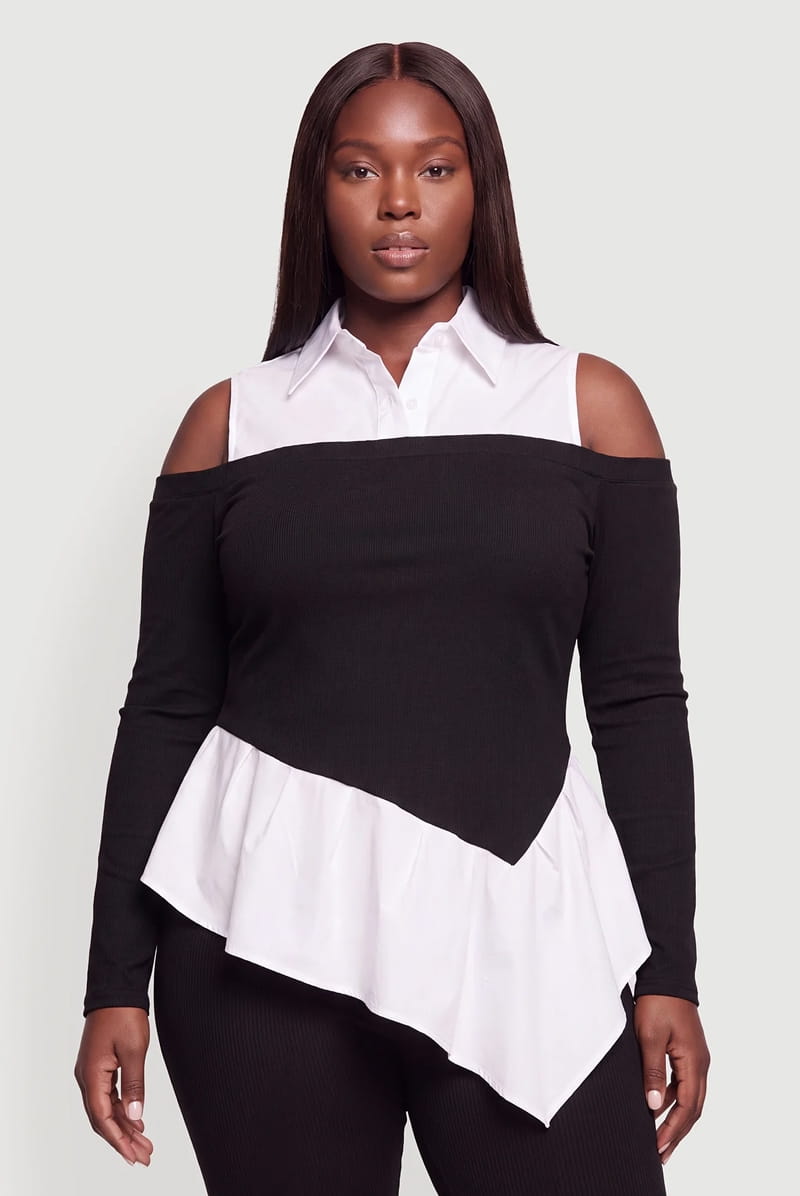 Shop Plus Size Cold Shoulder Layered Look Asymmetrical Hem Blouse