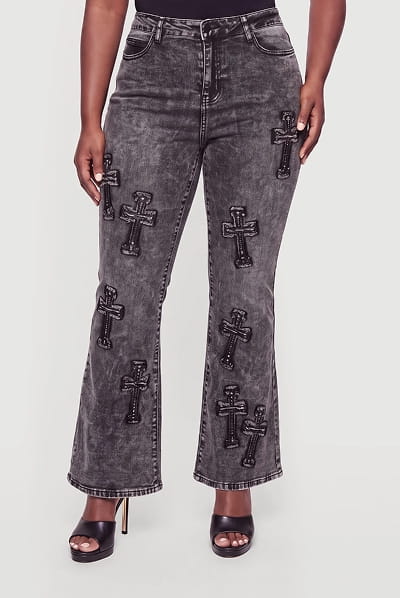 Shop Plus Size Acid Wash Cross Patch Flare Jeans