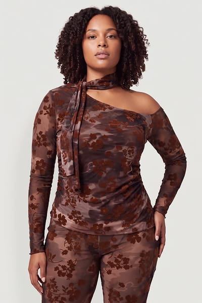 Shop Plus Size Velvet Burnout Floral One Shoulder Scarf Top