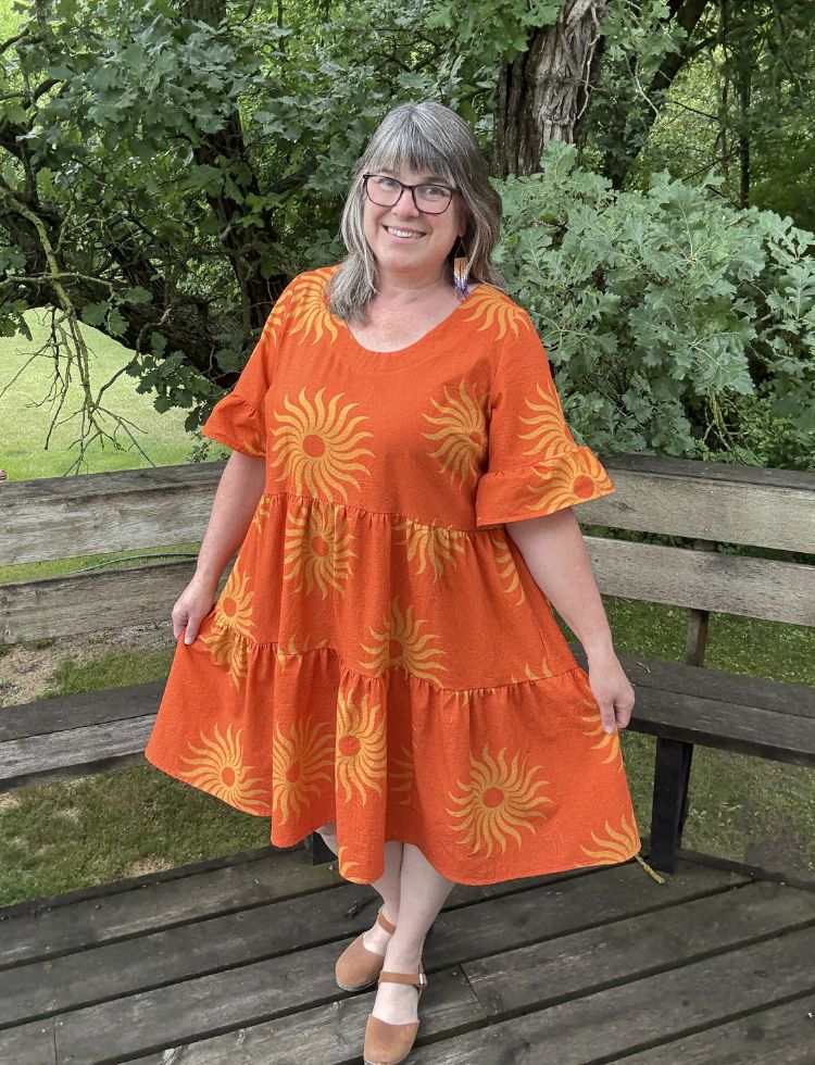 Prairie Girl Knits - Tammy Dress in Swirling Sunburst Stonewashed Textured Cotton