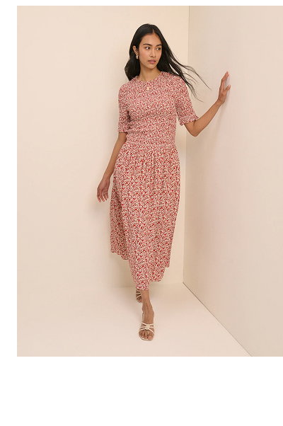 Pink Ditsy Floral Shirred Shay Midi Dress