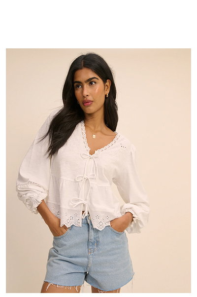 White Embroidered Tie Front Blouse