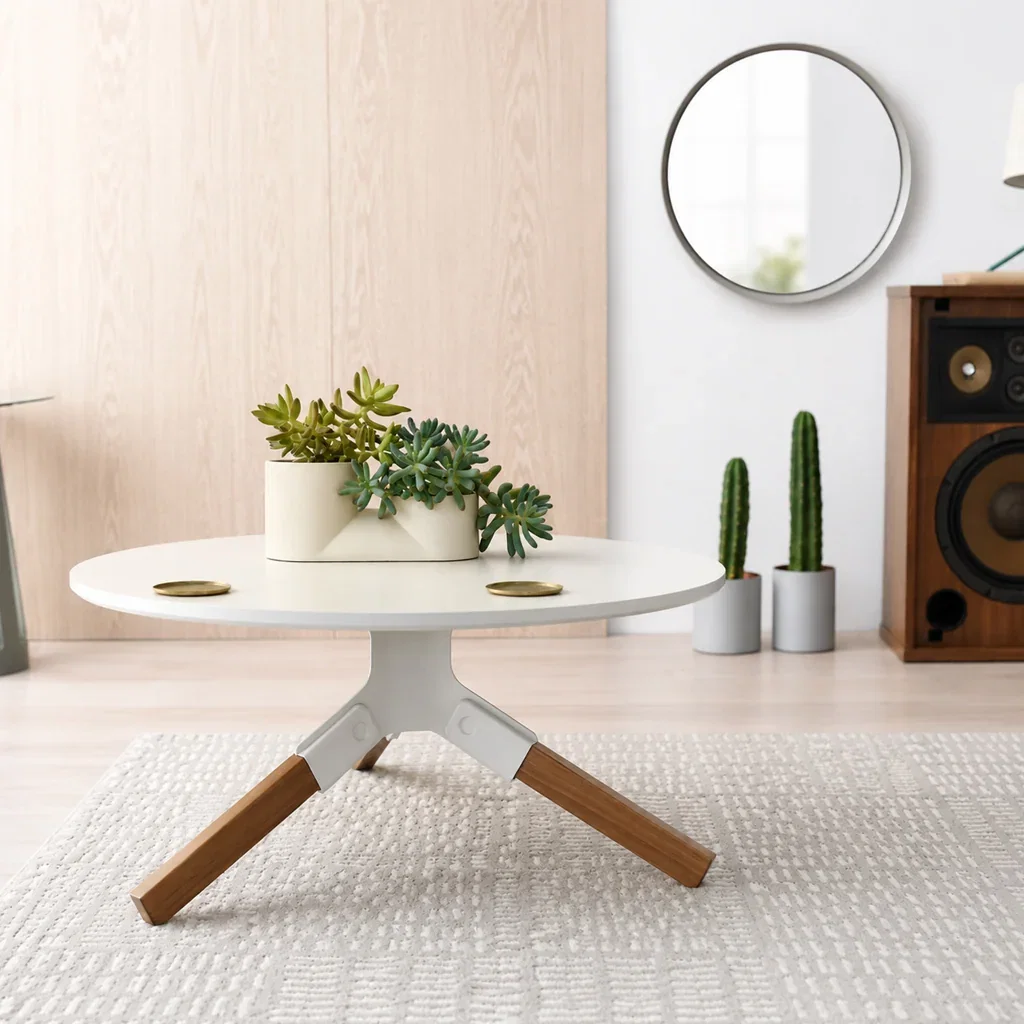 Modern round white table with wood legs on cream rug, styled with potted succulents and cacti in minimalist room.