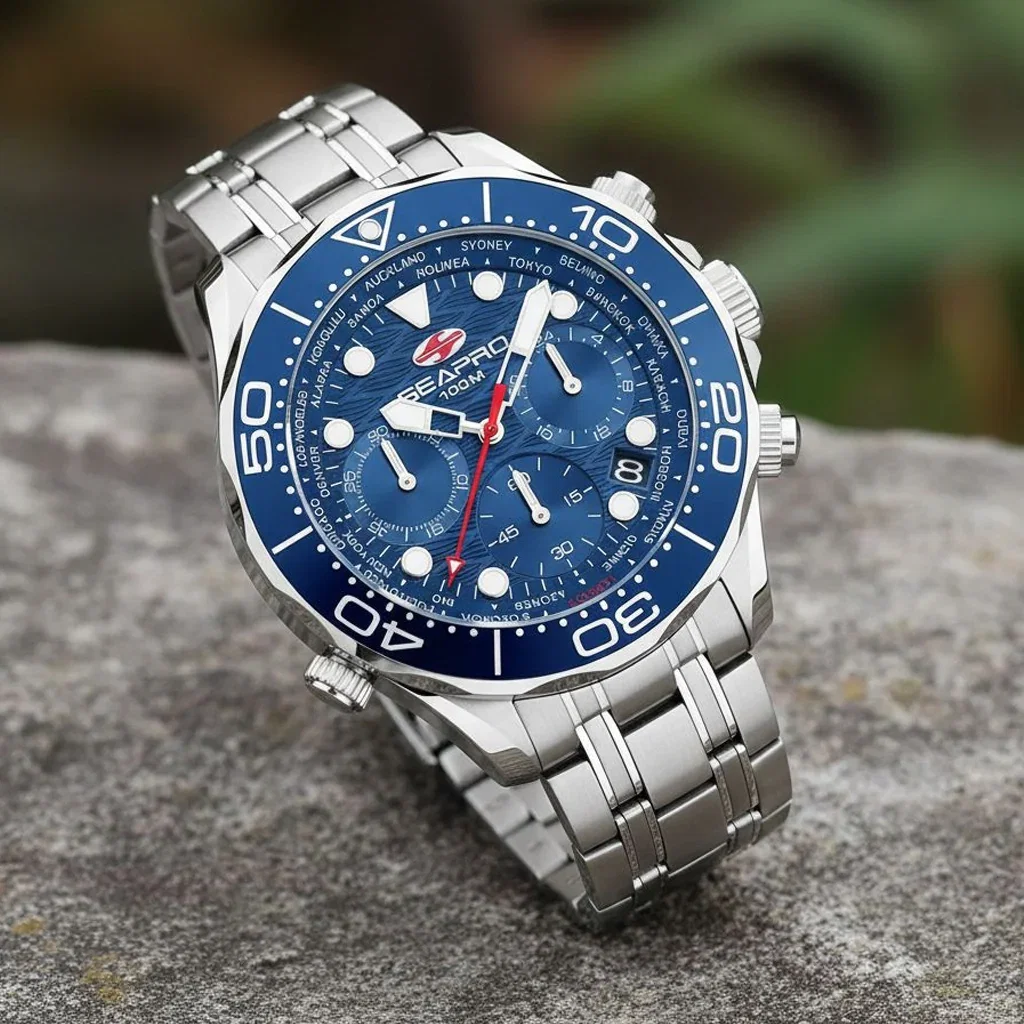 Seiko chronograph watch with blue dial, stainless steel bracelet, and world city timezone bezel on stone surface.
