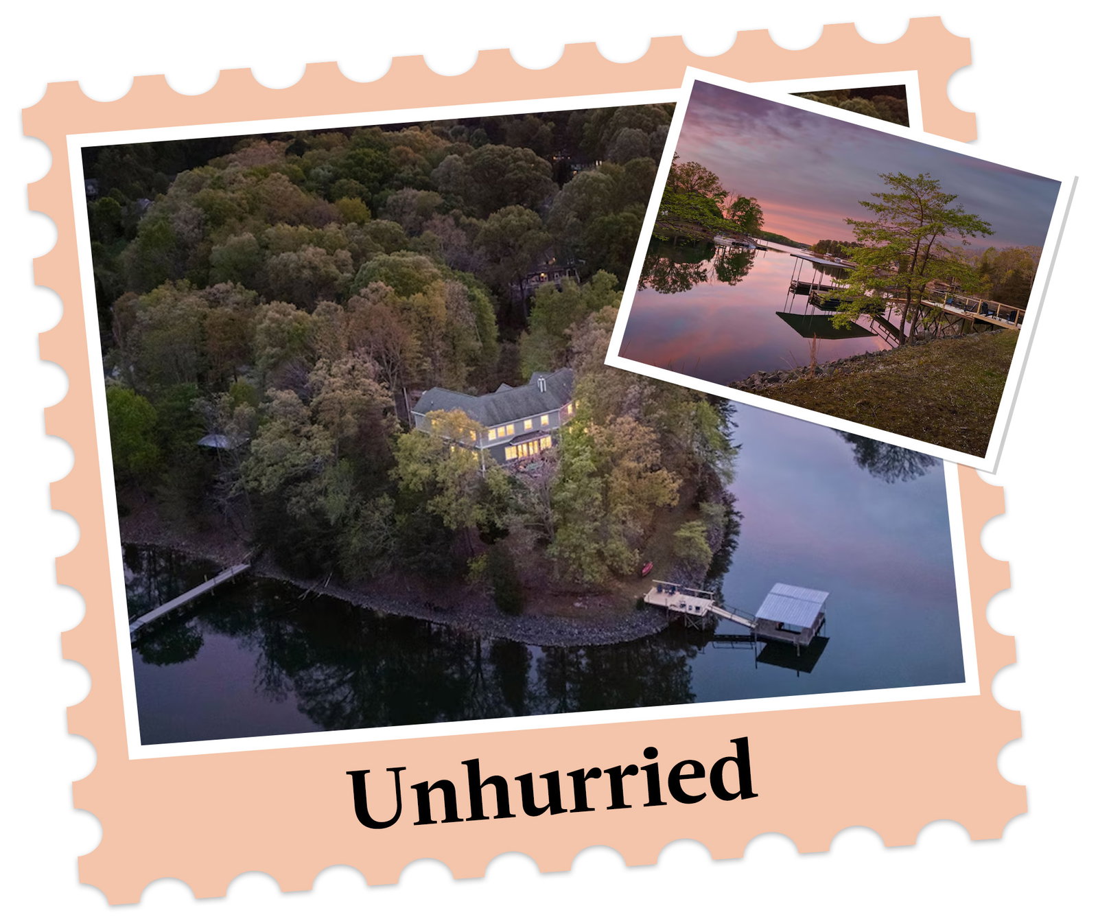 Aerial view of lakeside home surrounded by trees; inset shows dock and calm water at sunset.