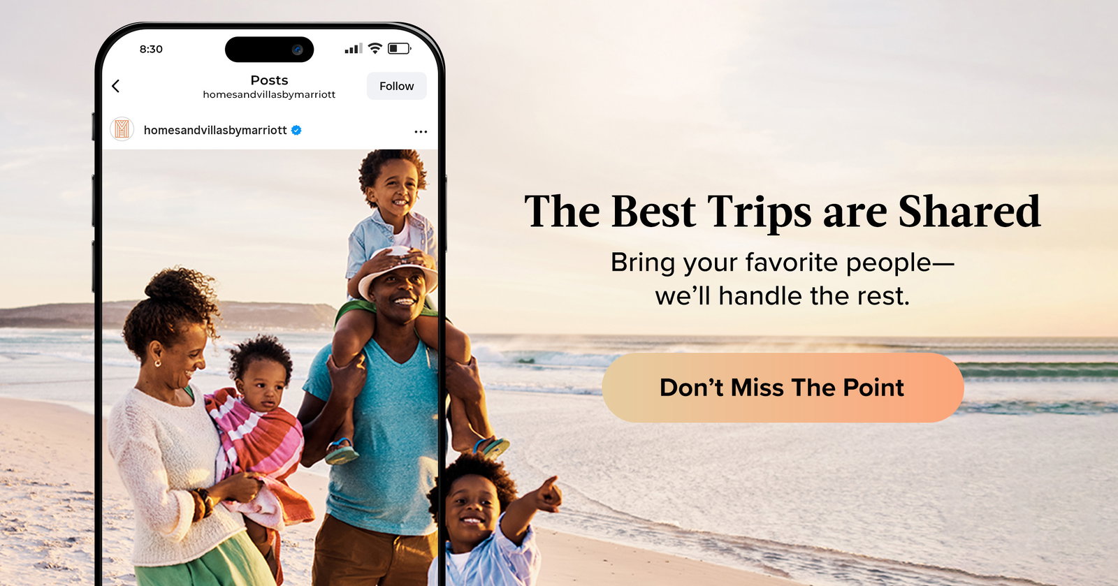 Phone displaying social post beside beach scene with messaging about shared travel experiences.