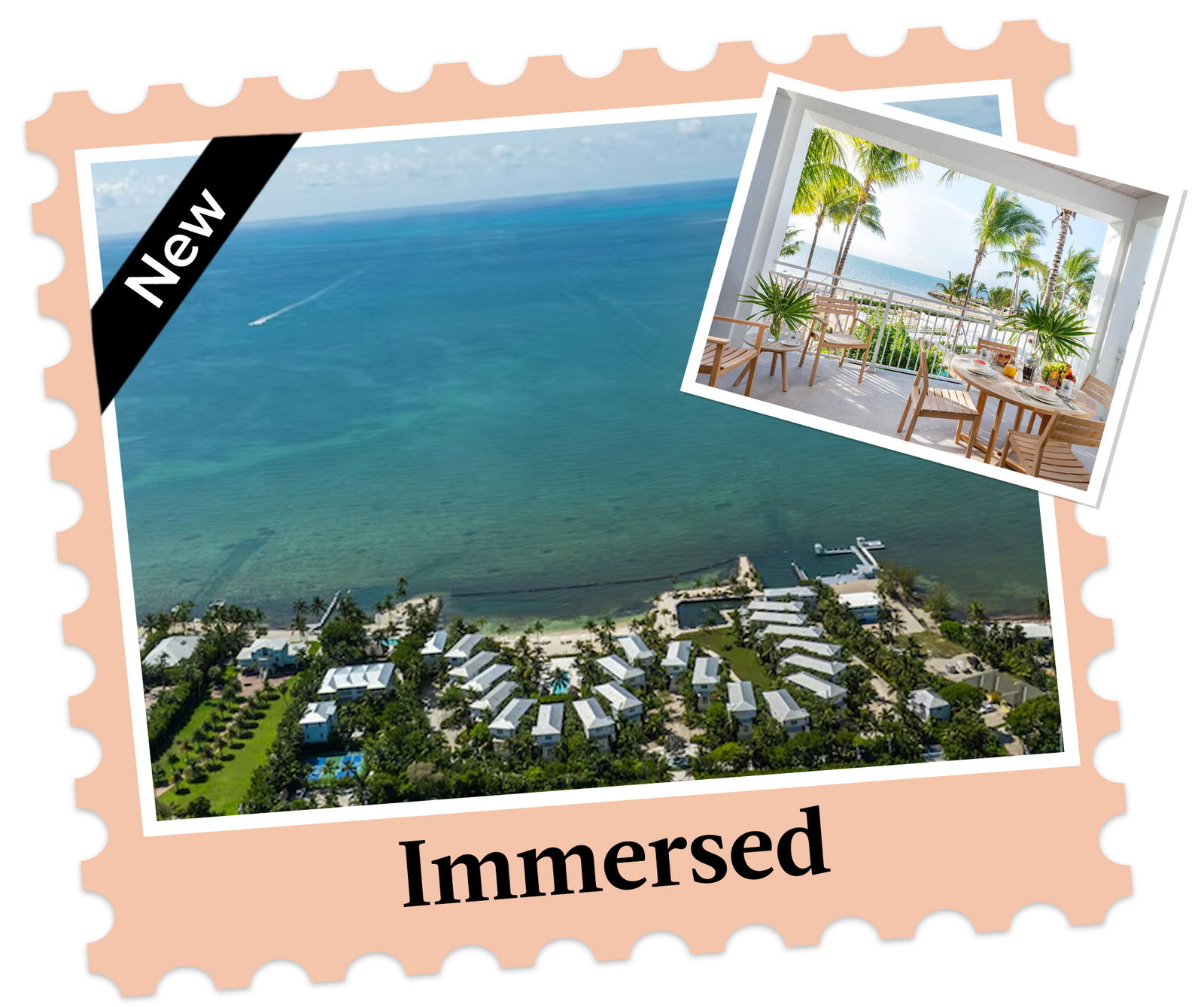 Postcard-style image with New badge, aerial coastal resort view, and inset of an oceanfront terrace.