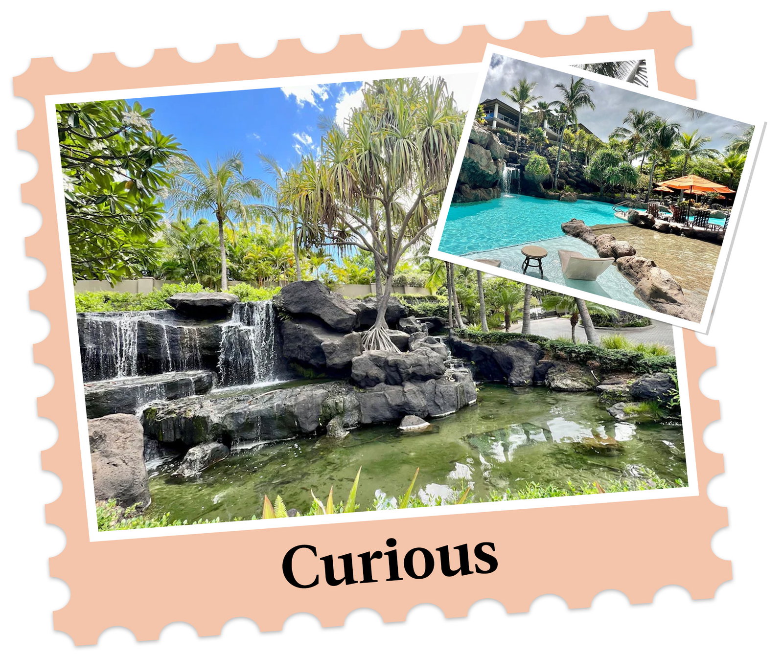 Tropical waterfall and lagoon framed by lava rock and palms; inset shows resort-style pool and seating.
